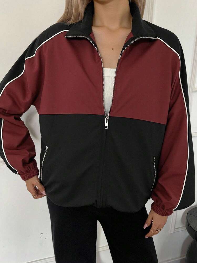 Women's Autumn Contrast Color Zipper Collar Casual Regular Jacket Women Coats