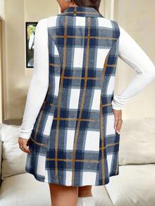 Vionelle Bộ vest không tay và váy kẻ caro cỡ lớn cho nữ - Màu xanh lam - Xem 2