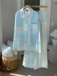 Comfortcana Conjunto de 2 piezas de camisa de manga larga con estampado de patchwork y pantalones de pierna ancha, estilo casual de vacaciones para mujer, primavera/otoño - Azul - Ver 6