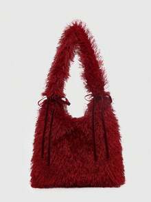 ROMWE Kawaii Women's Vintage Style Vacation Netted Ruffle Bow Decor Large Capacity Tote Bag - Burgundy - View 6