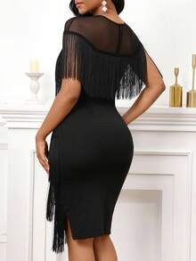 SHEIN Lady Đầm dài vừa phải thanh lịch cổ tròn tay ngắn phối lưới chắp vá thiết kế tua rua cho nữ - màu đen - Xem 2