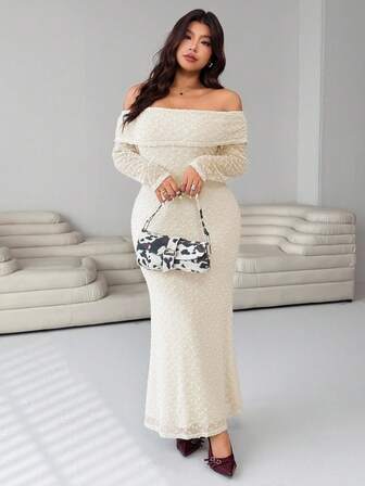 Solflare Plus Size Off Shoulder Långärmad Bodycon Klänning, Höst/Vinter Nyinkommet