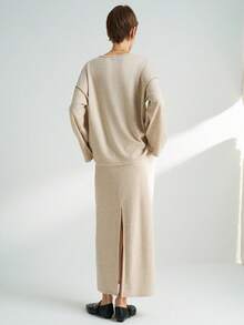 INAWLY 2 件套简约纯色圆领长袖上衣和裙子，优雅休闲 - 卡其色 - 查看 5