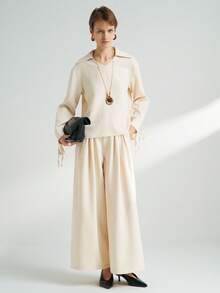 INAWLY Women's Casual Commuter Solid Color Shirt And Pants 2 Pieces Set - Apricot - View 2