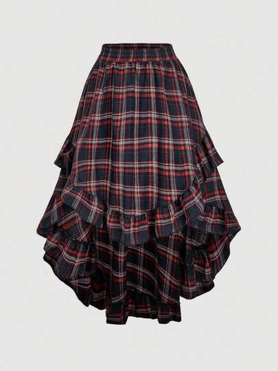 SHEIN MOD 大码复古红色格子不对称下摆荷叶边叠层半身裙，哥特西部风圣诞裙