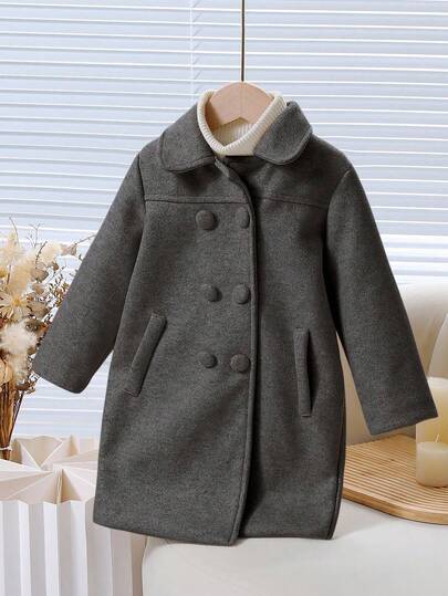 Elladie kids 女童休闲简约翻领插肩长袖宽松中长款纯色大衣，秋冬