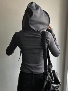 Dazy Star Solid Drawstring Crop Hooded Tee,Fall Clothes,Back To School Clothes Long Sleeve Women Tops - Dark Grey - View 2