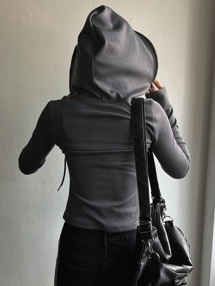 Solid Drawstring Crop Hooded Tee,Fall Clothes,Back To School Clothes Long Sleeve Women Tops