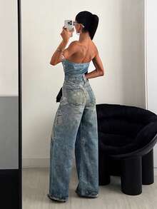 StreetHx 链条印花前开牛仔连体裤，街头风格 - 中等水洗藍 - 查看 2