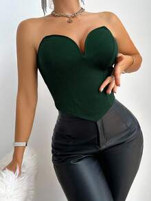 VaVaBold Top ajustada tipo bandeau con bajo asimétrico de unicolor para mujer - Verde Oscuro - Ver 6
