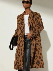 Aveloria Modichic Random Leopard Print Classic Lapel Long Coat, European And American Style