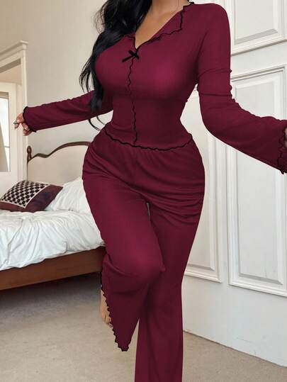 Zwart Rood Contrast Slim Fit Long Sleeve Top Pants Pajama Set, Fall Clothes, Cozy Outfit view 4