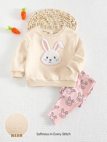 Cozy Pixies 2件套女婴卡通兔子图案针织柔软圆领落肩卫衣和裤子套装