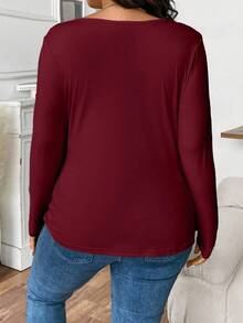 Elenzga T-shirt décontracté ajusté à manches longues et col rond, couleur unie, grande taille pour femmes - Rouge foncé - Voir 2