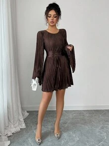 Elenzga 女式褶皱面料腰部收紧喇叭袖迷你派对/工作连衣裙 - 咖啡棕 - 查看 4