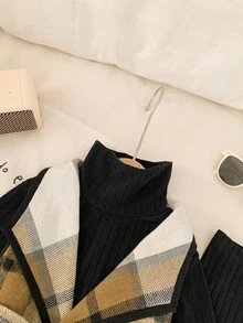 SHEIN 5 件套女婴都市时尚格子夹克、打底上衣和裤子套装，适合休闲、派对、节日、圣诞节