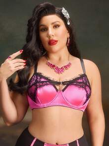 PinupPomp Plus Size Women Lace Patchwork Comfortable Underwire Bra, Lift - Hot Pink - View 5