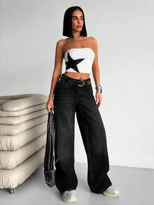 EURMUSE WOMEN WIDE LE LOOSE DENIM JEANS - Black - View 5