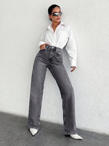 EURMUSE 100%Cotton High Waist Straight Leg Jeans PETITE - Grey - View 5