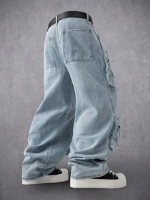 Manfinity Denimwave 男士休闲直筒工装裤，街头风格 - 淺色水洗藍 - 查看 2