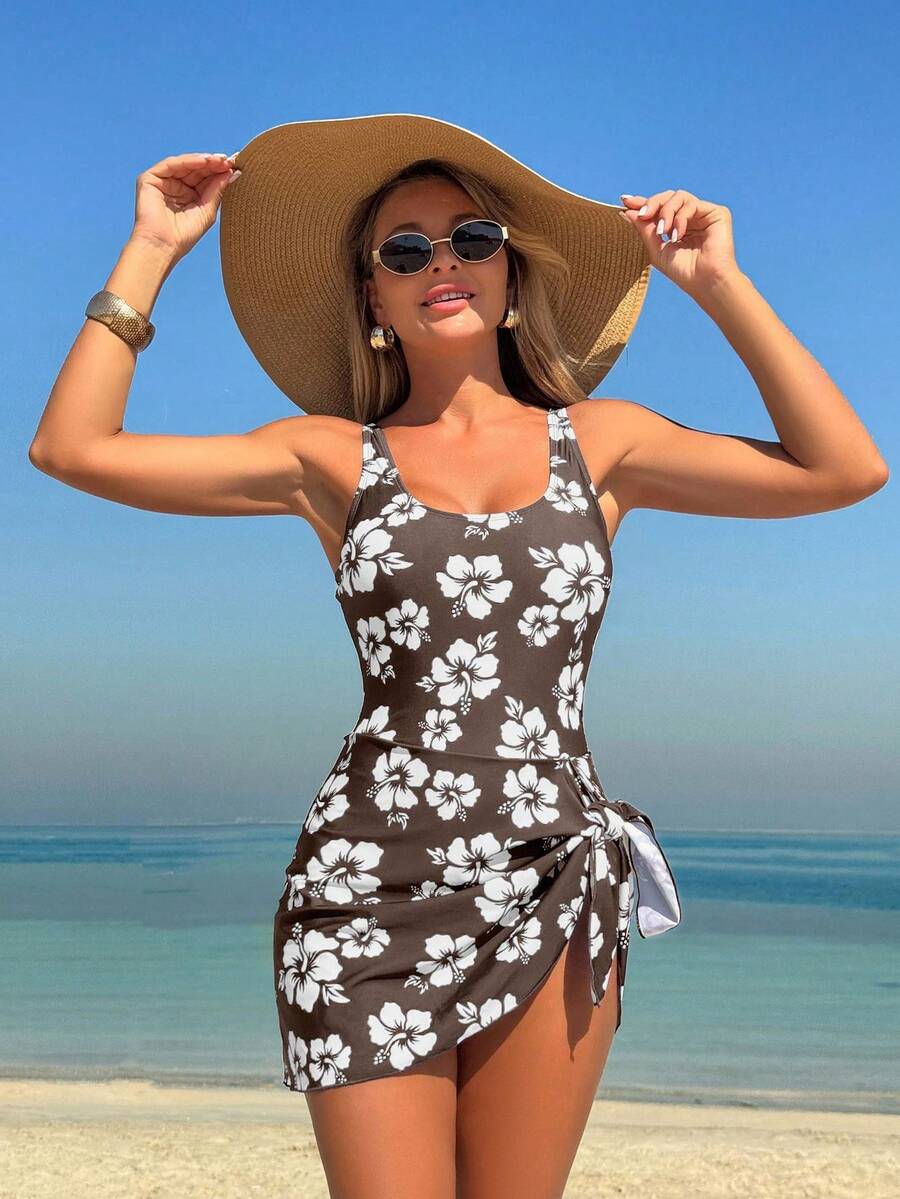 Swim Lushoire 女士花卉印花休闲侧结连体泳衣 - 棕色 - 查看 1
