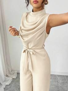 Elenzga Women's Elegant Green Mandarin Collar Ruched Sleeveless Jumpsuit, Fitted Waist, Spring/Summer - Apricot - View 3
