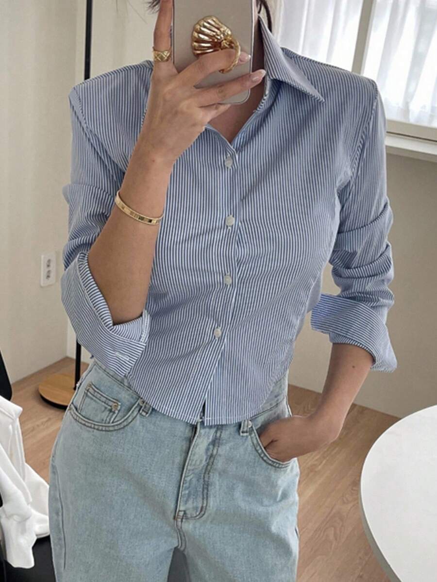 DAZY 女士休闲通勤条纹长袖衬衫