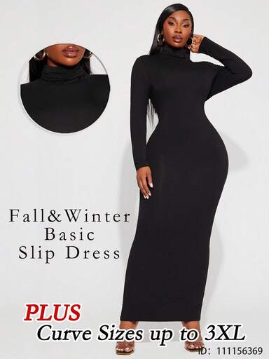 SHEIN SXY Plus Size Women's Fall&Winter Elegant Daily Basic Snug Solid High Neck Bodycon Out With Sleeves High Stretch Black Classic Slip Dress,Suitable For Everyday Wear, Country Music Concerts Long Bodycon Dress Maxi Long Sleeve Dress Tight Long Dress Curve Long Dress Basic Dresses Turtleneck Plus Size Winter Dresses