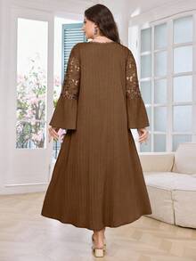 Modelyn Plus Size V-Neck Lace Patchwork Ruffle Hem Long Sleeve Loose Casual Dress, Spring/Summer Fall - Brown - View 2