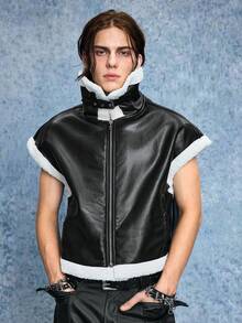 ROMWE MEN Street Life Chaleco con cremallera de forro polar con ribete de contraste para hombre, de moda para otoño/invierno - Negro - Ver 6