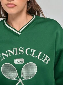 Fluxe Women's Embroidered Tennis Club Sweatshirt, Contrast Striped Ribbed Trim, Soft Feel, V-Neck, Relaxed Fit, Sporty Chic Design,Suitable For Autumn/Winter
