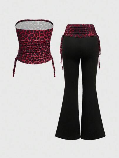 2 pièces Ensemble sexy pour femmes - Top court bandeau avec strass et imprimé léopard, et pantalon à cordon de serrage