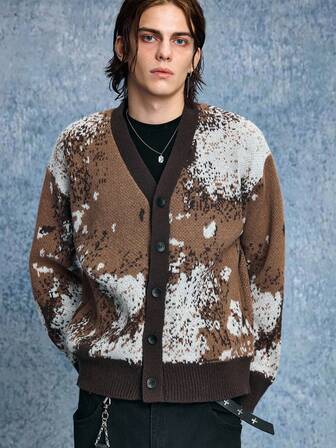 Grunge Punk Men's Contrast Color Jacquard V-Neck Long Sleeve Drop Shoulder Button Front Casual Loose Knit Cardigan, Fall Winter, Grunge Style