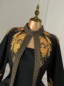 Rometta فستان نسائي بحجم كبير من قطعة واحدة، أنيق وبأسلوب عطلة، مطبوع بياقة مزيفة وأكمام واسعة، قصة ضيقة (إشارات الحزن) (جمالية الأربعاء) - متعدد الألوان - مشاهدة 6