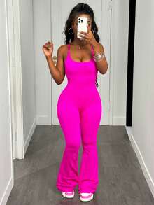 Slaydiva 无缝高弹力瑜伽运动休闲运动连体裤带内置胸罩 - 玫紅色 - 查看 5