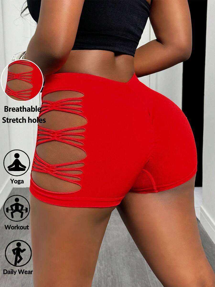 Slaydiva 1pc Women Ripped Backline V-Neck Ultra Short Running Shorts For Workout Workout Short - Red - View 1