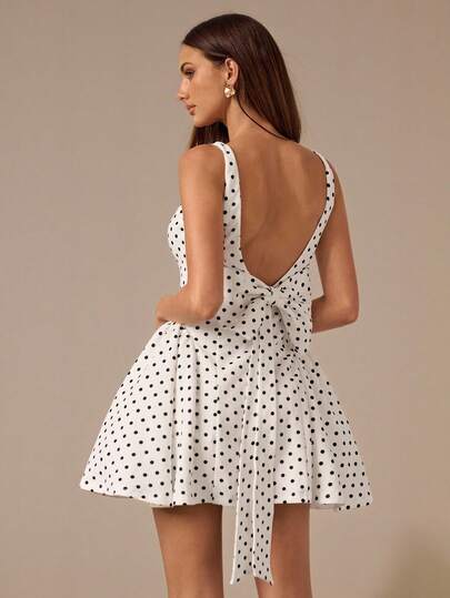 SHEIN BAE 黑白波尔卡圆点细肩带露背蝴蝶结腰部装饰优雅女士连衣裙，适合日常穿着、早午餐、派对、鸡尾酒会、浪漫约会、婚礼、伴娘