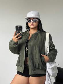 POPSWAY Abrigo acolchado de talla grande, verde militar, estilo casual de calle - Verde militar - Ver 8