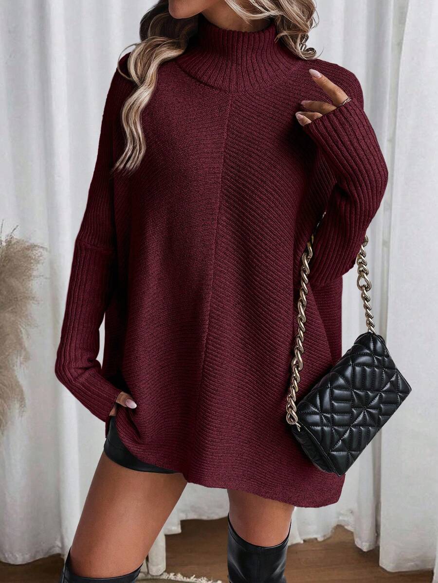 Louniche Women's Casual Solid Color Turtleneck Batwing Long Sleeve Loose Sweater, Autumn/Winter - Burgundy - View 1