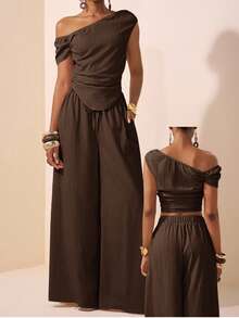 Zivah 2025 春夏新款音乐节、复活节、圣帕特里克节、西部风、游牧风、生日派对、毕业典礼、学院风、学生装、日常休闲、基础百搭、休闲、邮轮旅行、海滩、日光浴、病毒式传播、街头服饰、婚礼嘉宾波西米亚风、通勤、早午餐、机场装杏色不对称肩部褶皱弧形下摆短款上衣和阔腿裤口袋两件套纹理面料套装 - 棕色 - 查看 6