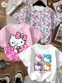 SHEIN Hello Kitty and Friends | Modeflare Wear 3pcs/Set Young Girls' Casual Basic Round Neck Short Sleeve T-Shirts, Suitable For Spring/Summer, Family Activities, Parties, Gatherings