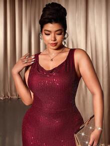 Allurite Robe maxi moulante fendue avec décolleté plongeant, pailletée, de luxe, élégante et sexy, pour grandes tailles - Rouge foncé - Voir 5