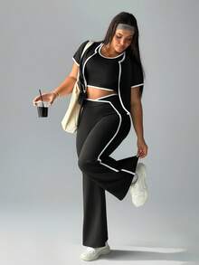 Rhythm Era Conjunto deportivo de talla grande para mujer con cárdigan de manga corta con ribete, top corto y pantalones acampanados