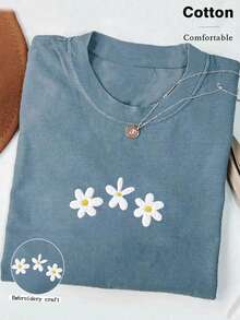 INAWLY 【舒适彩色雏菊衬衫 刺绣舒适彩色衬衫 刺绣碎花衬衫 雏菊T恤 复古春装衬衫】圆领女士刺绣图案T恤 - 霧霾藍 - 查看 3