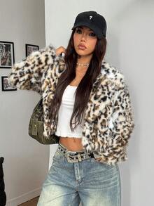 Coolane 女士冬季街头风复古时尚锐舞Y2K洞穴豹纹猎豹印花人造毛皮保暖御寒宽松长袖人造毛皮外套 - 彩色 - 查看 4