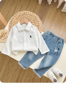 2 件套男婴骑士印花口袋长袖衬衫和牛仔裤休闲装，秋冬 - 米色 - 查看 3