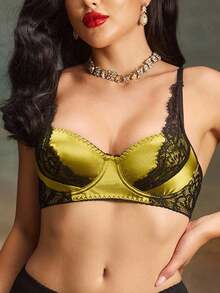 SHEIN Plus Size Women Lace Patchwork Comfortable Underwire Bra - Gold - View 3