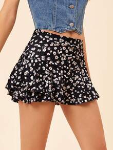 Coeurva Ditsy Floral Print Two Layer Beach Summer Hem Mini Skirt - Black - View 4