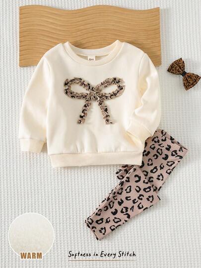 Cozy Pixies 2 Stücke Baby Mädchen Leoparden Muster Schleife Strick Weicher Rundhals Langarm Pullover und Hose mit Elastischer Taille Set