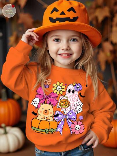 SHEIN 年轻女孩休闲可爱万圣节南瓜、幽灵、蝴蝶结、水豚图案宽松圆领舒适日常针织长袖运动衫，适合秋冬季
